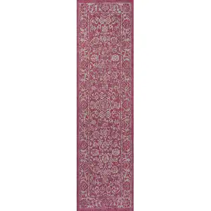 Photo of 10' Fuchsia And Light Gray Medallion Indoor Outdoor Runner Rug