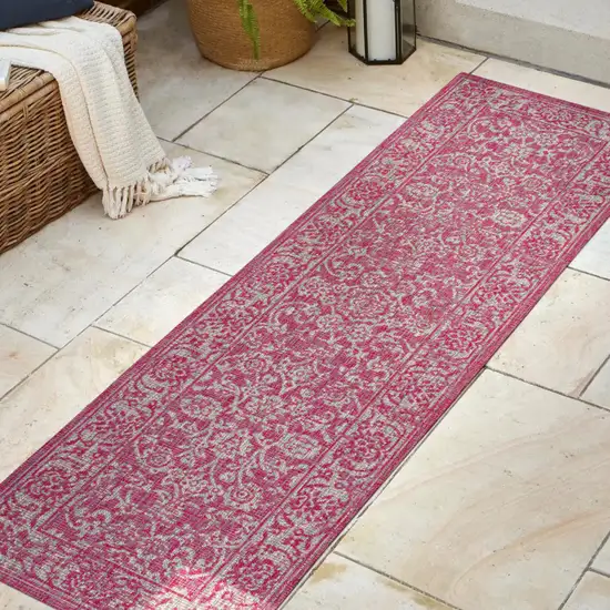 10' Fuchsia And Light Gray Medallion Indoor Outdoor Runner Rug Photo 5