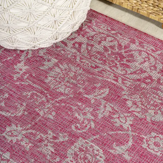 10' Fuchsia And Light Gray Medallion Indoor Outdoor Runner Rug Photo 9