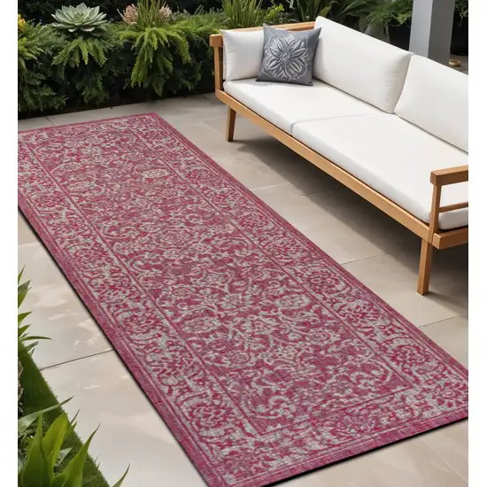 10' Fuchsia And Light Gray Medallion Indoor Outdoor Runner Rug Photo 1