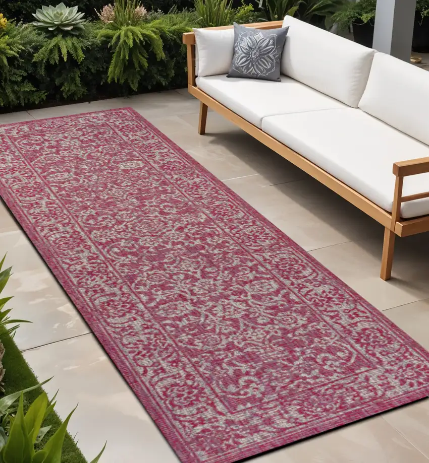 10' Fuchsia And Light Gray Medallion Indoor Outdoor Runner Rug Photo 1