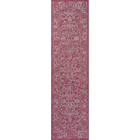 8' Fuchsia And Light Gray Medallion Indoor Outdoor Runner Rug Photo 1