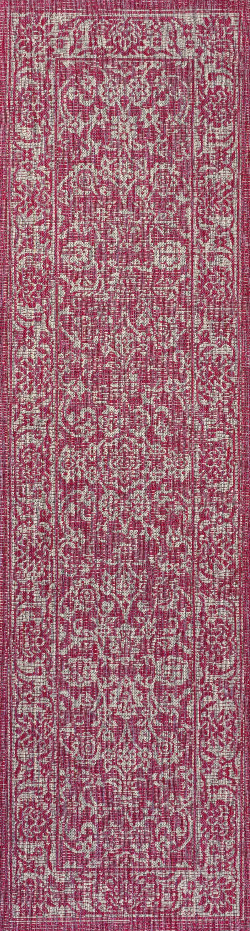 8' Fuchsia And Light Gray Medallion Indoor Outdoor Runner Rug Photo 1