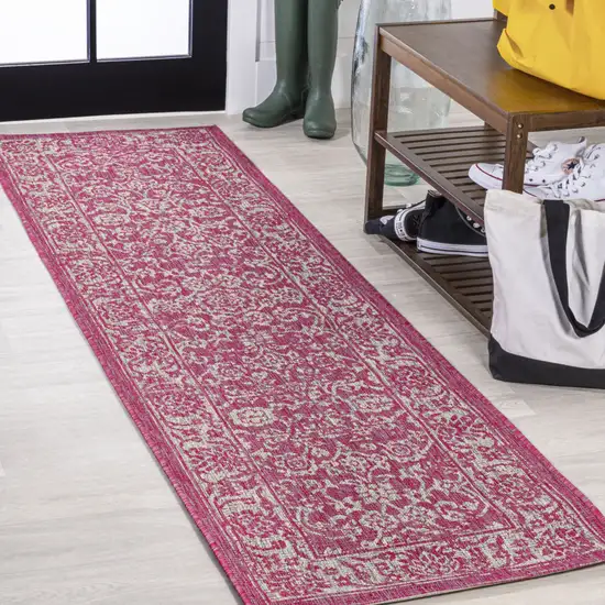 8' Fuchsia And Light Gray Medallion Indoor Outdoor Runner Rug Photo 4