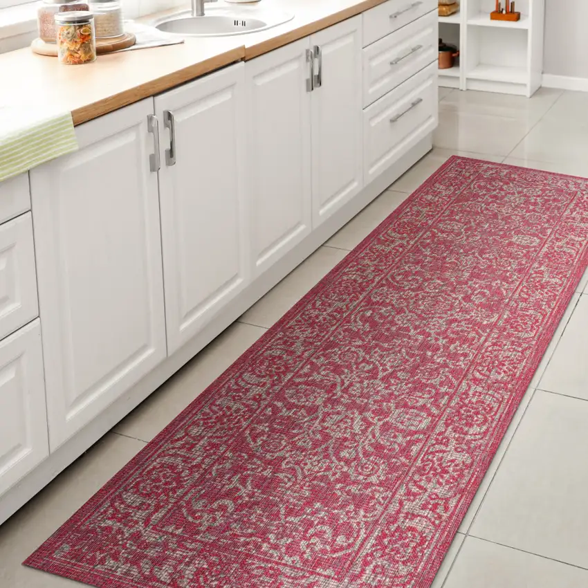 8' Fuchsia And Light Gray Medallion Indoor Outdoor Runner Rug Photo 6