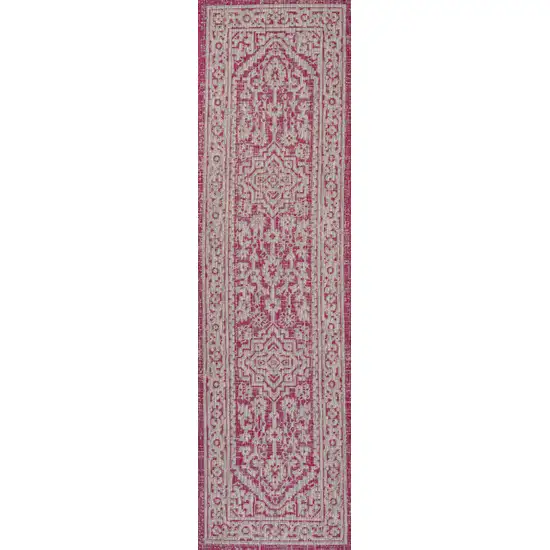 10' Fuchsia And Light Gray Medallion Indoor Outdoor Runner Rug Photo 1