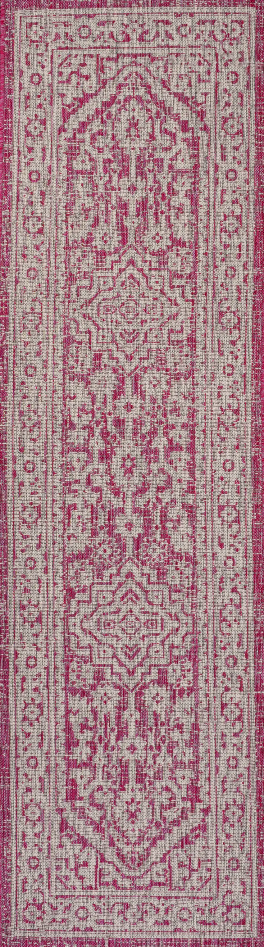 10' Fuchsia And Light Gray Medallion Indoor Outdoor Runner Rug Photo 1