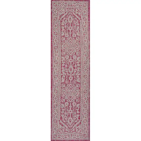 10' Fuchsia And Light Gray Medallion Indoor Outdoor Runner Rug Photo 3