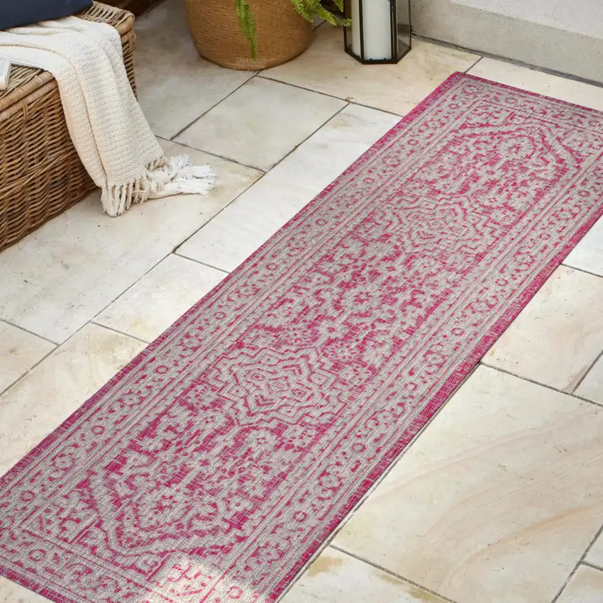 8' Fuchsia And Light Gray Medallion Indoor Outdoor Runner Rug Photo 5