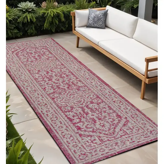 8' Fuchsia And Light Gray Medallion Indoor Outdoor Runner Rug Photo 1