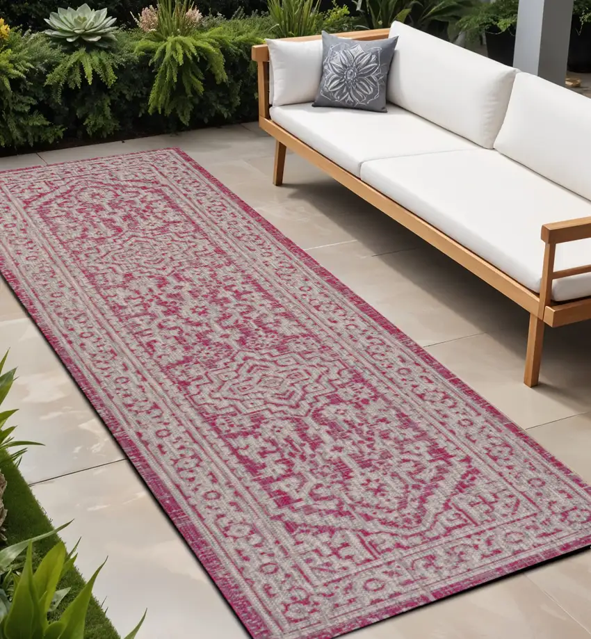 8' Fuchsia And Light Gray Medallion Indoor Outdoor Runner Rug Photo 1