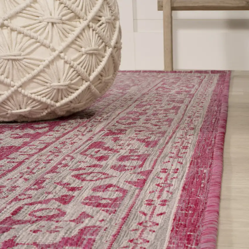 8' Fuchsia And Light Gray Medallion Indoor Outdoor Runner Rug Photo 9