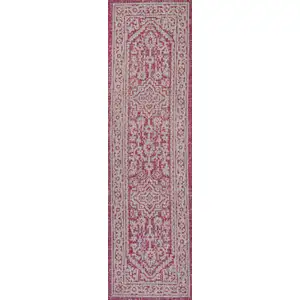 Photo of 8' Fuchsia And Light Gray Medallion Indoor Outdoor Runner Rug
