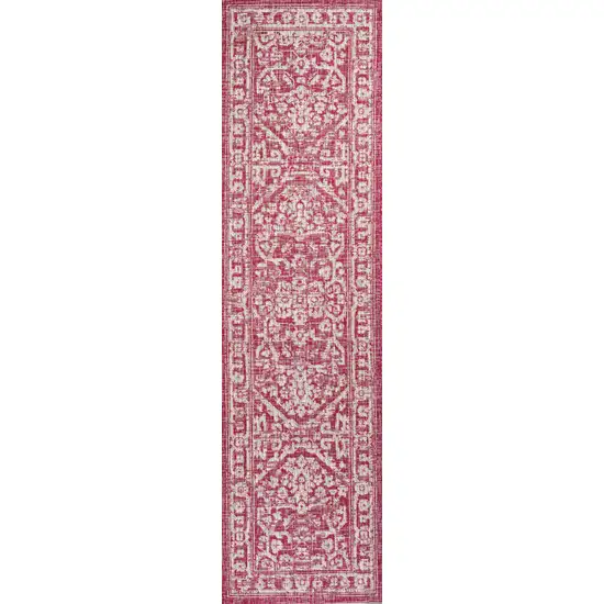 10' Fuchsia And Light Gray Medallion Indoor Outdoor Runner Rug Photo 3