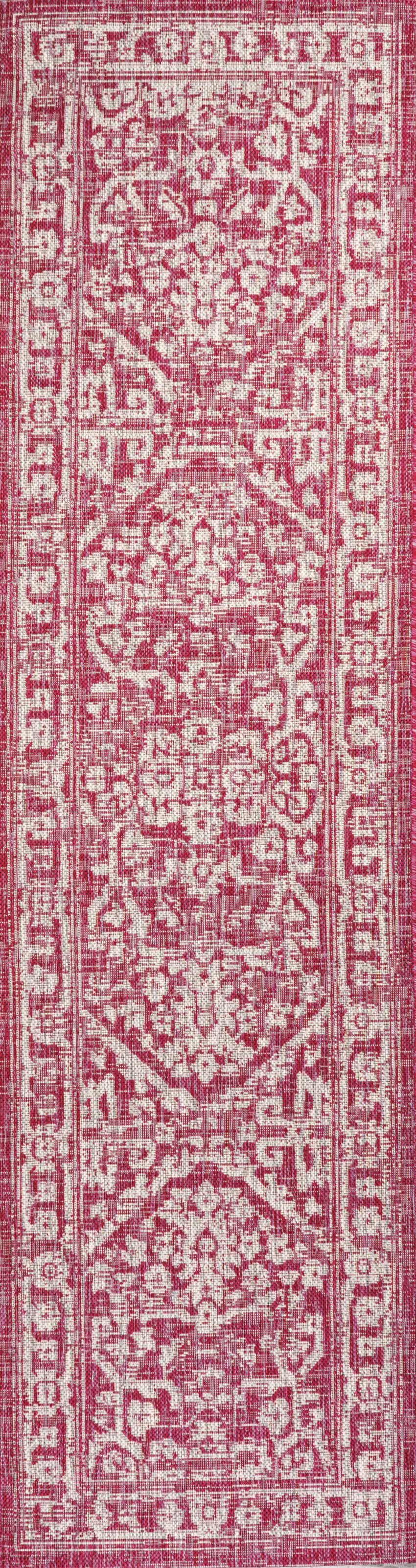 10' Fuchsia And Light Gray Medallion Indoor Outdoor Runner Rug Photo 3