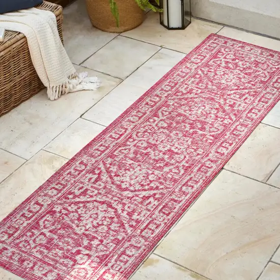 10' Fuchsia And Light Gray Medallion Indoor Outdoor Runner Rug Photo 5
