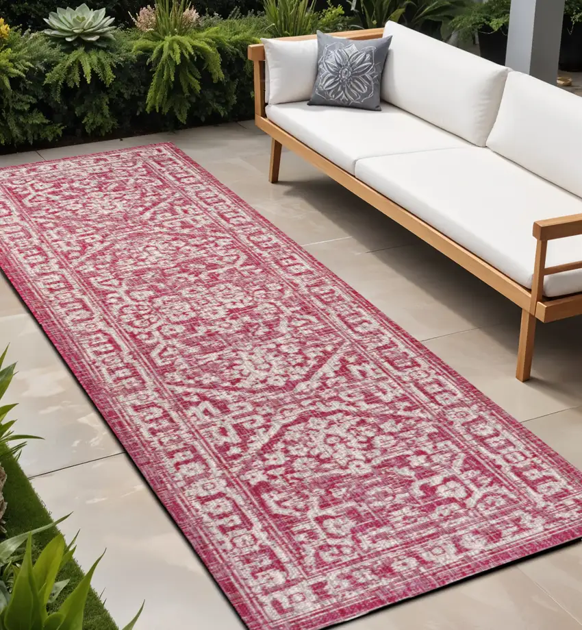 10' Fuchsia And Light Gray Medallion Indoor Outdoor Runner Rug Photo 1