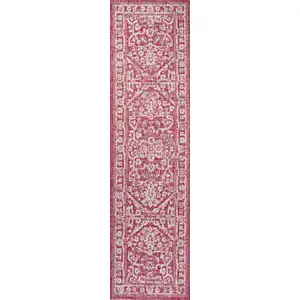 Photo of 10' Fuchsia And Light Gray Medallion Indoor Outdoor Runner Rug