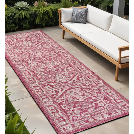 8' Fuchsia And Light Gray Medallion Indoor Outdoor Runner Rug Photo 1