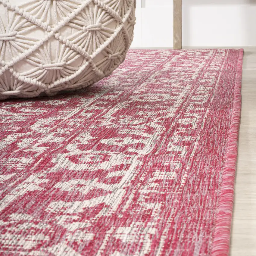 8' Fuchsia And Light Gray Medallion Indoor Outdoor Runner Rug Photo 9