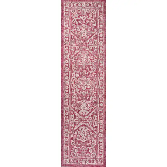 8' Fuchsia And Light Gray Medallion Indoor Outdoor Runner Rug Photo 1