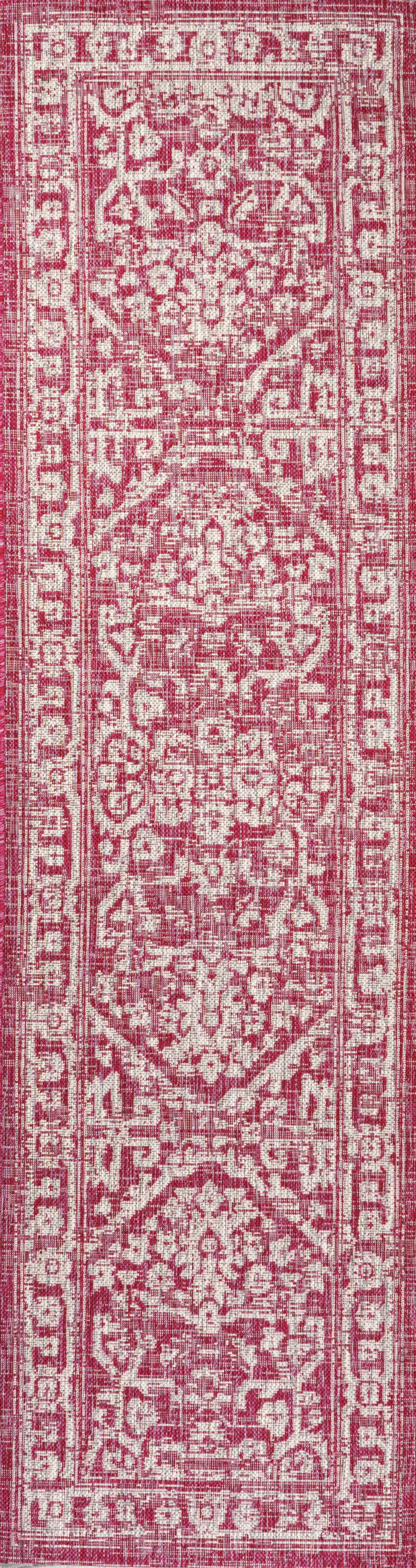 8' Fuchsia And Light Gray Medallion Indoor Outdoor Runner Rug Photo 1