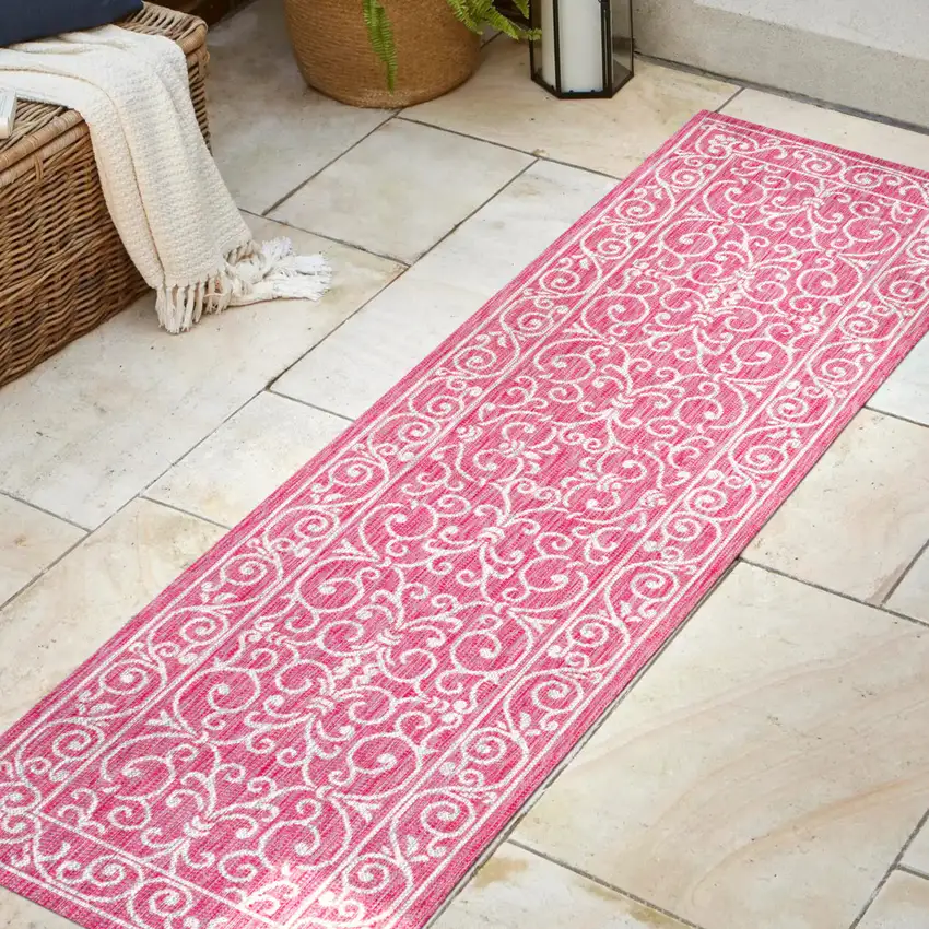 10' Fuchsia And Light Gray Medallion Indoor Outdoor Runner Rug Photo 5