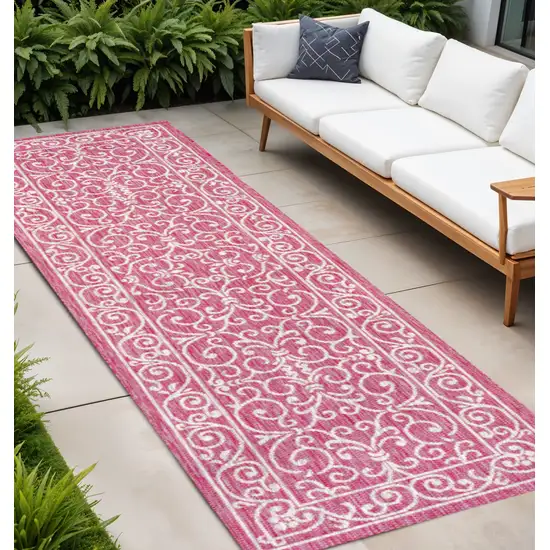10' Fuchsia And Light Gray Medallion Indoor Outdoor Runner Rug Photo 1