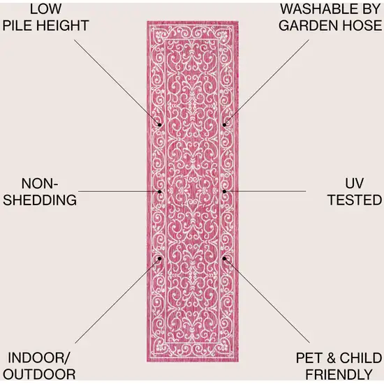 10' Fuchsia And Light Gray Medallion Indoor Outdoor Runner Rug Photo 8