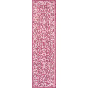 Photo of 10' Fuchsia And Light Gray Medallion Indoor Outdoor Runner Rug