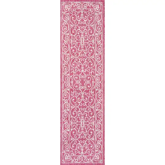 10' Fuchsia And Light Gray Medallion Indoor Outdoor Runner Rug Photo 1