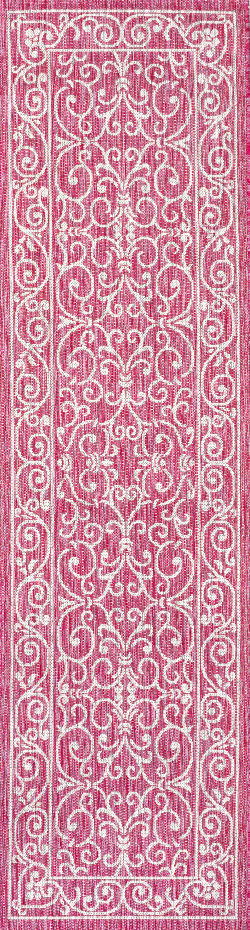 10' Fuchsia And Light Gray Medallion Indoor Outdoor Runner Rug Photo 1
