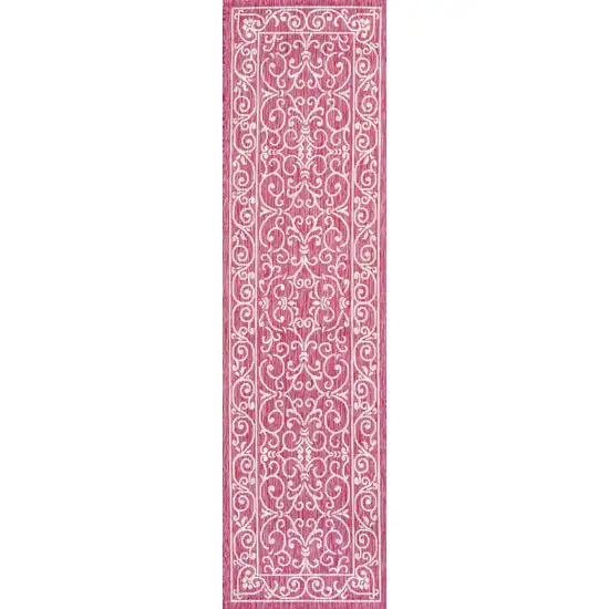 8' Fuchsia And Light Gray Medallion Indoor Outdoor Runner Rug Photo 3