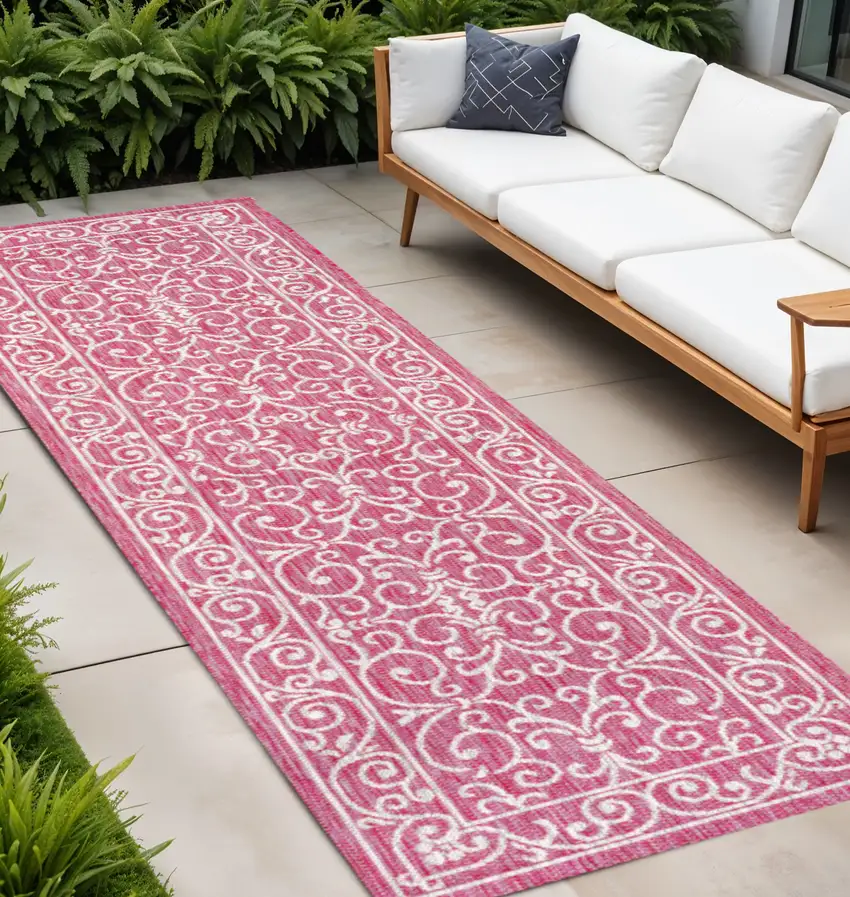 8' Fuchsia And Light Gray Medallion Indoor Outdoor Runner Rug Photo 1