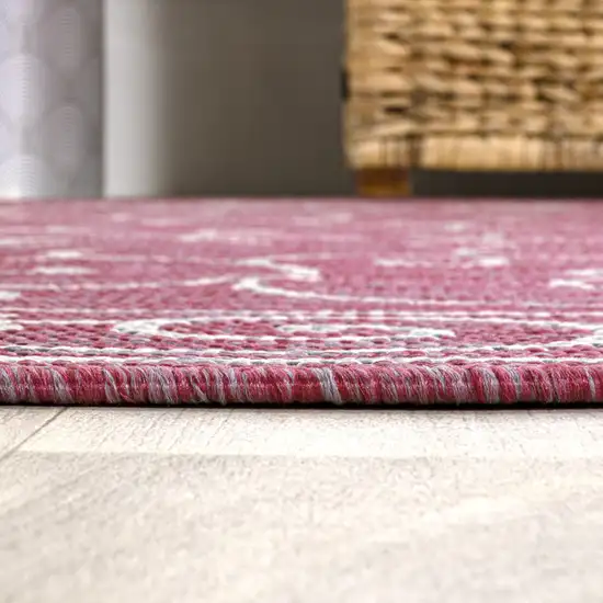 8' Fuchsia And Light Gray Medallion Indoor Outdoor Runner Rug Photo 9