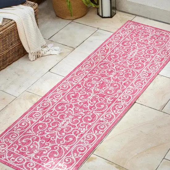 8' Fuchsia And Light Gray Medallion Indoor Outdoor Runner Rug Photo 5