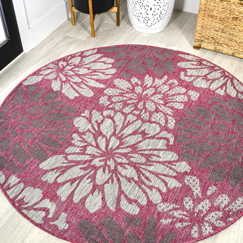 5' Fuchsia And Light Gray Round Floral Indoor Outdoor Area Rug Photo 4
