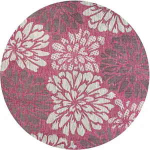 Photo of 5' Fuchsia And Light Gray Round Floral Indoor Outdoor Area Rug