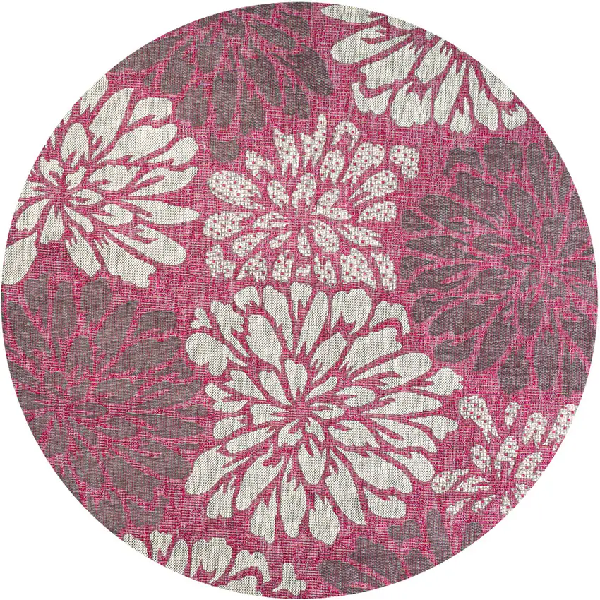 5' Fuchsia And Light Gray Round Floral Indoor Outdoor Area Rug Photo 1