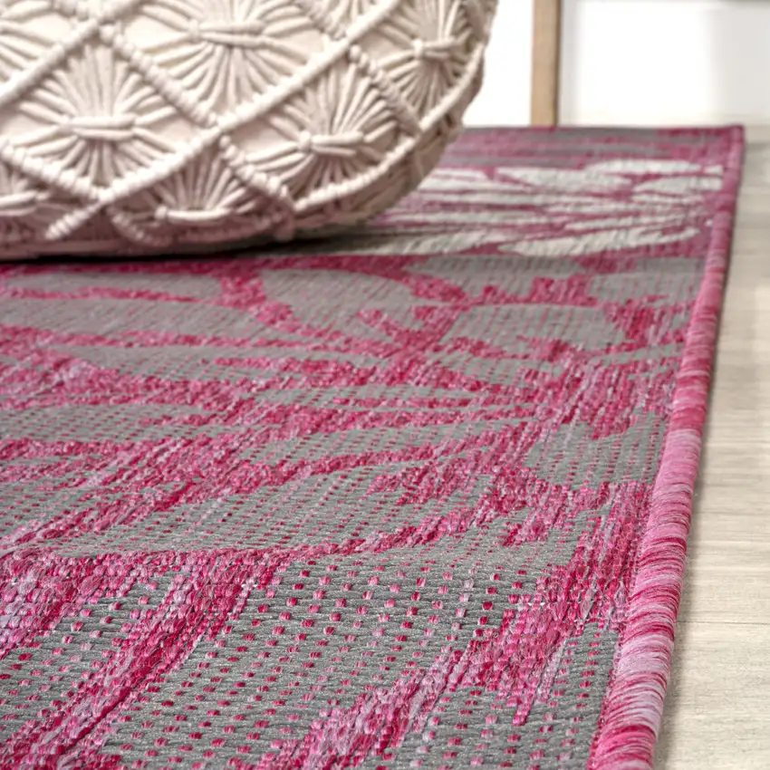 5' Fuchsia And Light Gray Round Floral Indoor Outdoor Area Rug Photo 8