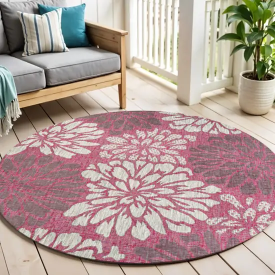 5' Fuchsia And Light Gray Round Floral Indoor Outdoor Area Rug Photo 1