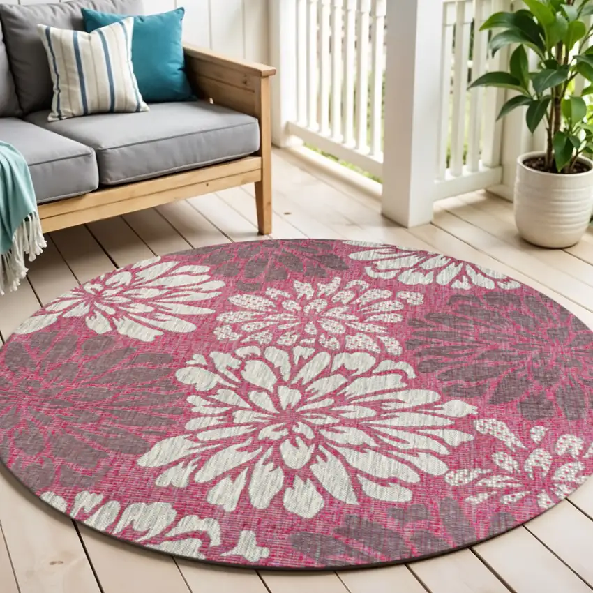5' Fuchsia And Light Gray Round Floral Indoor Outdoor Area Rug Photo 1