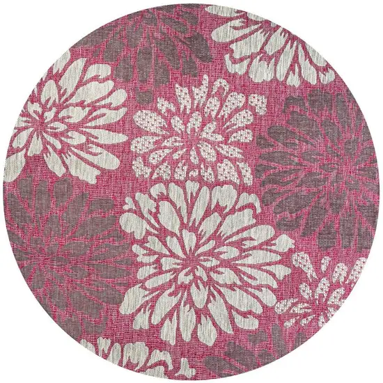5' Fuchsia And Light Gray Round Floral Indoor Outdoor Area Rug Photo 3
