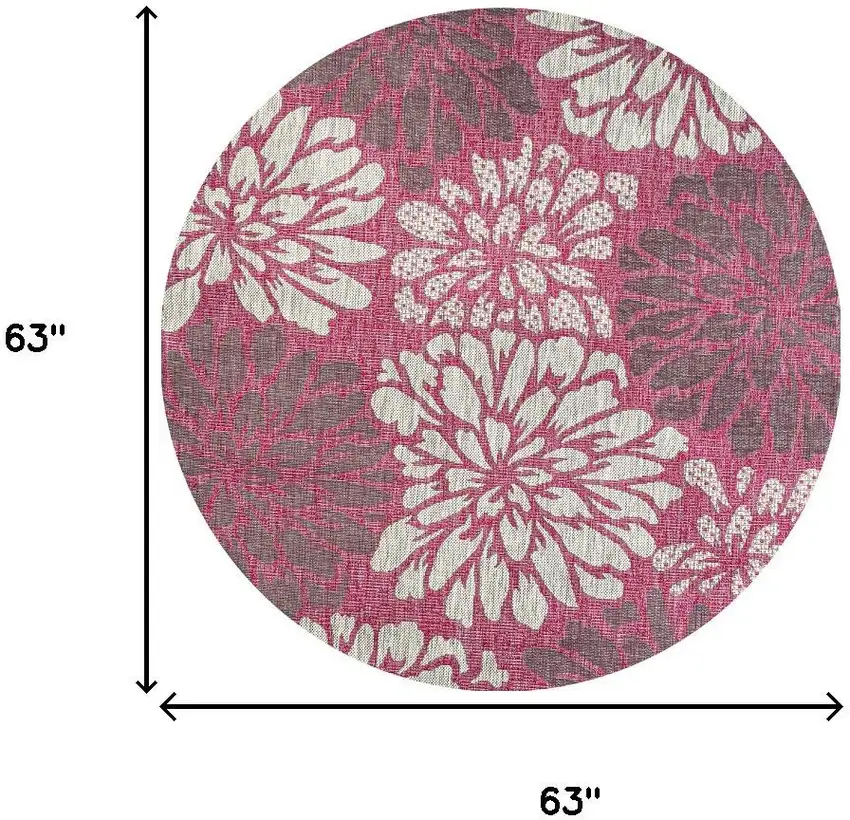 5' Fuchsia And Light Gray Round Floral Indoor Outdoor Area Rug Photo 9
