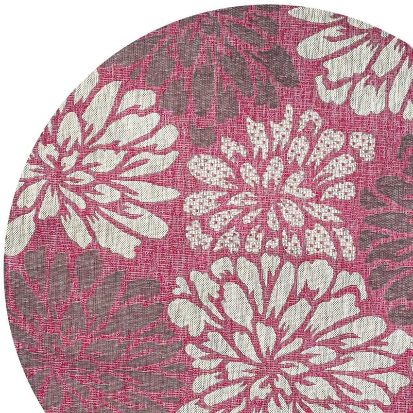 5' Fuchsia And Light Gray Round Floral Indoor Outdoor Area Rug Photo 2