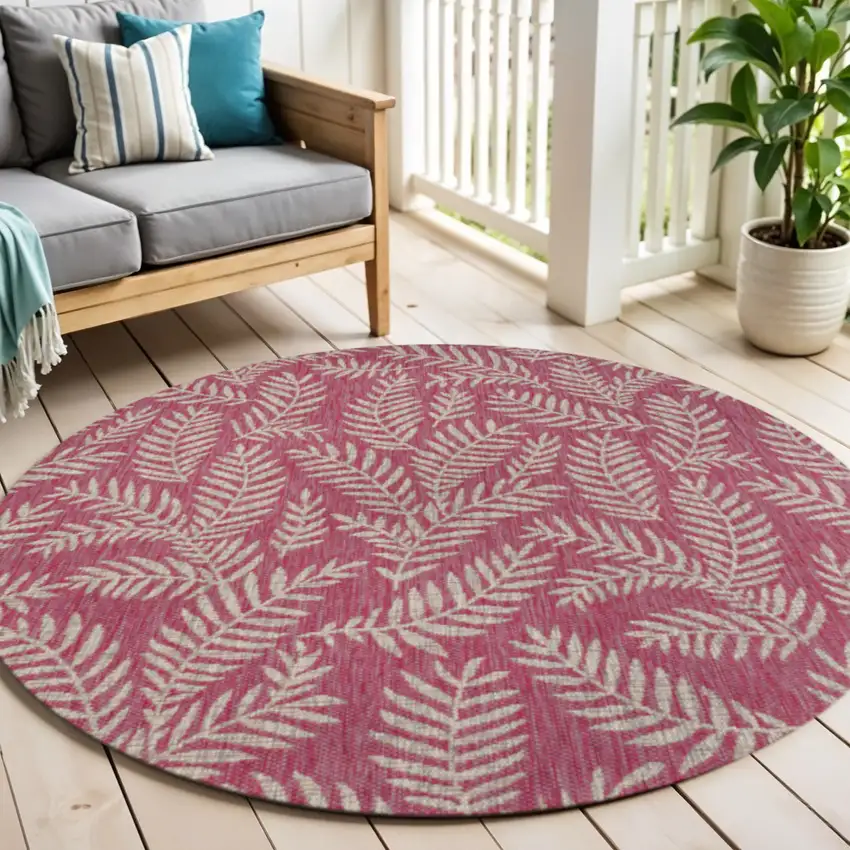 5' Fuchsia And Light Gray Round Floral Indoor Outdoor Area Rug Photo 1
