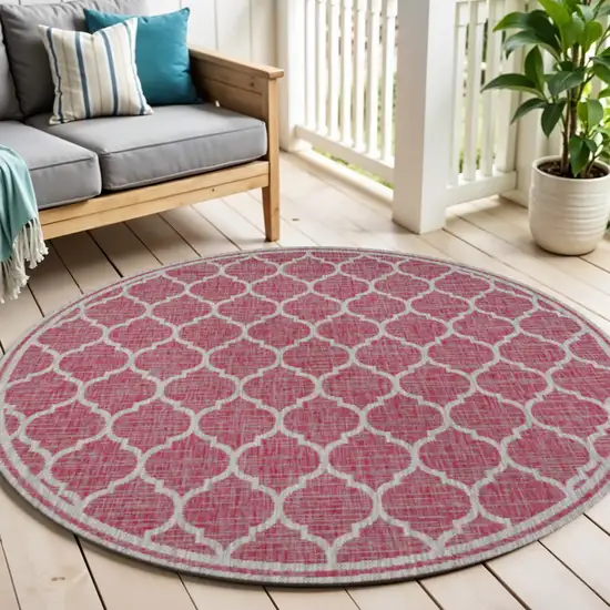5' Fuchsia And Light Gray Round Geometric Indoor Outdoor Area Rug Photo 1