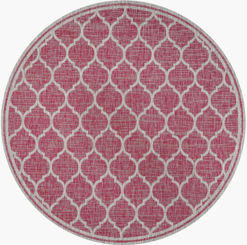 5' Fuchsia And Light Gray Round Geometric Indoor Outdoor Area Rug Photo 1