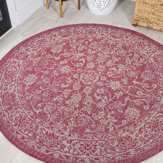 5' Fuchsia And Light Gray Round Medallion Indoor Outdoor Area Rug Photo 4