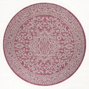 Photo of 5' Fuchsia And Light Gray Round Medallion Indoor Outdoor Area Rug
